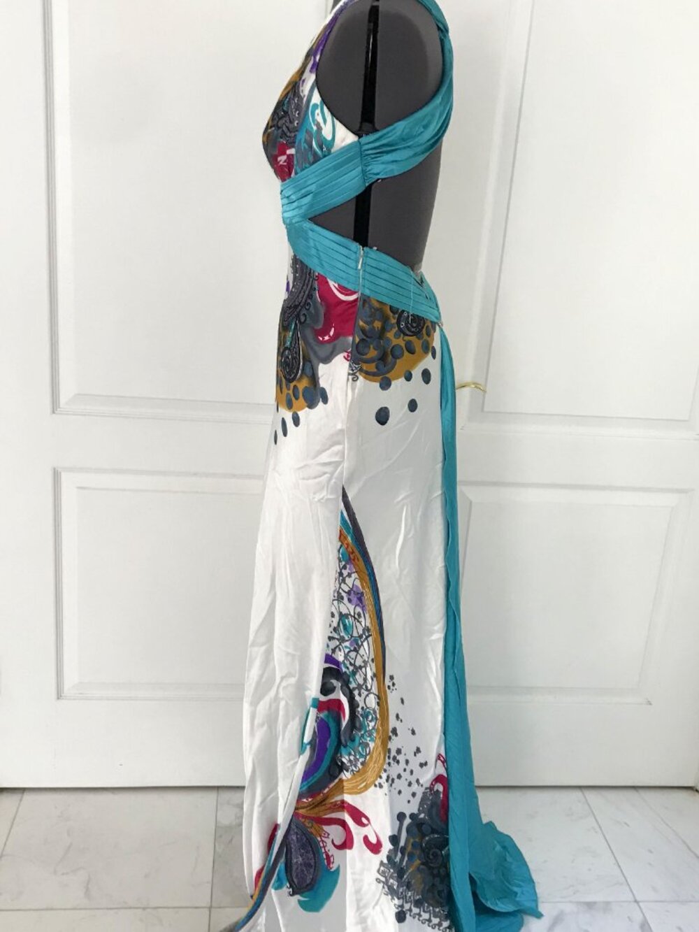 Vintage Cache Mermaid Evening Gown in Teal, White, Purple & Pink, Size 8 - Picture 4 of 16